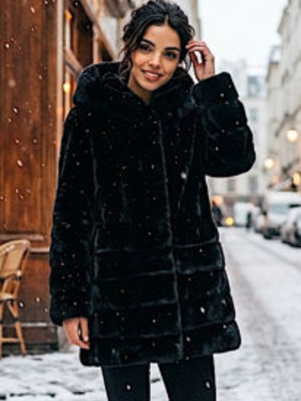 Gallery New York Black Collar Hooded Heavy Faux Fur Coat Jacket Size M